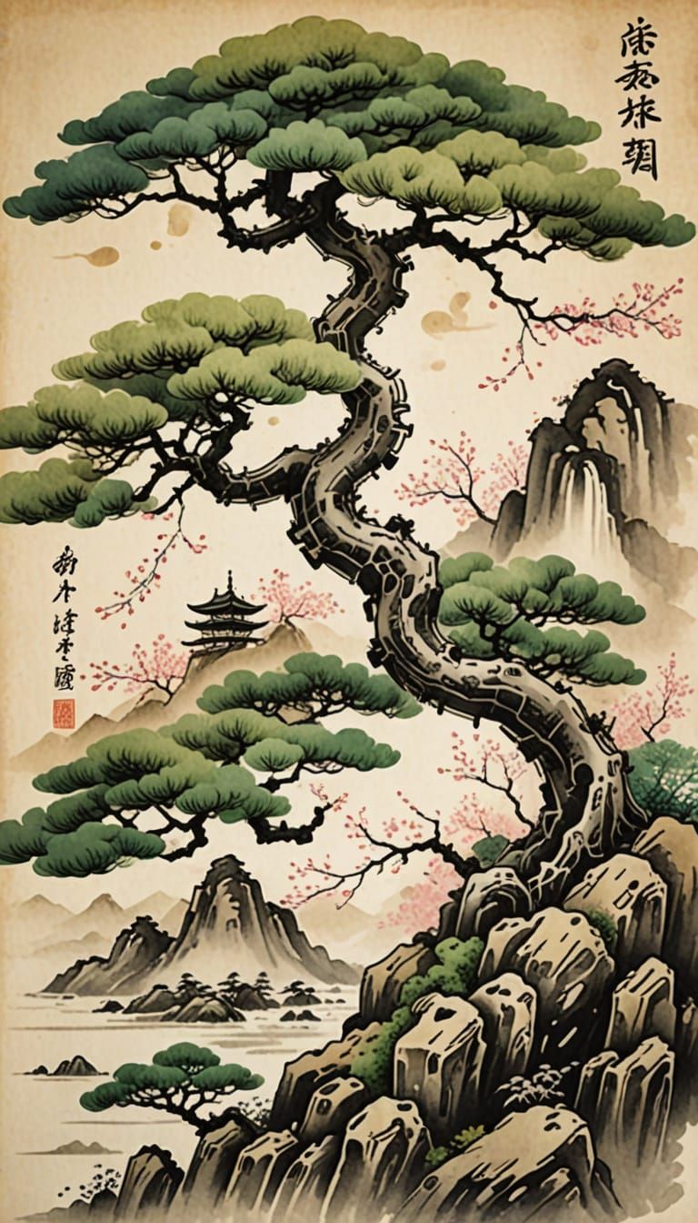 Bonsai and Kanji in Sumi-e Style