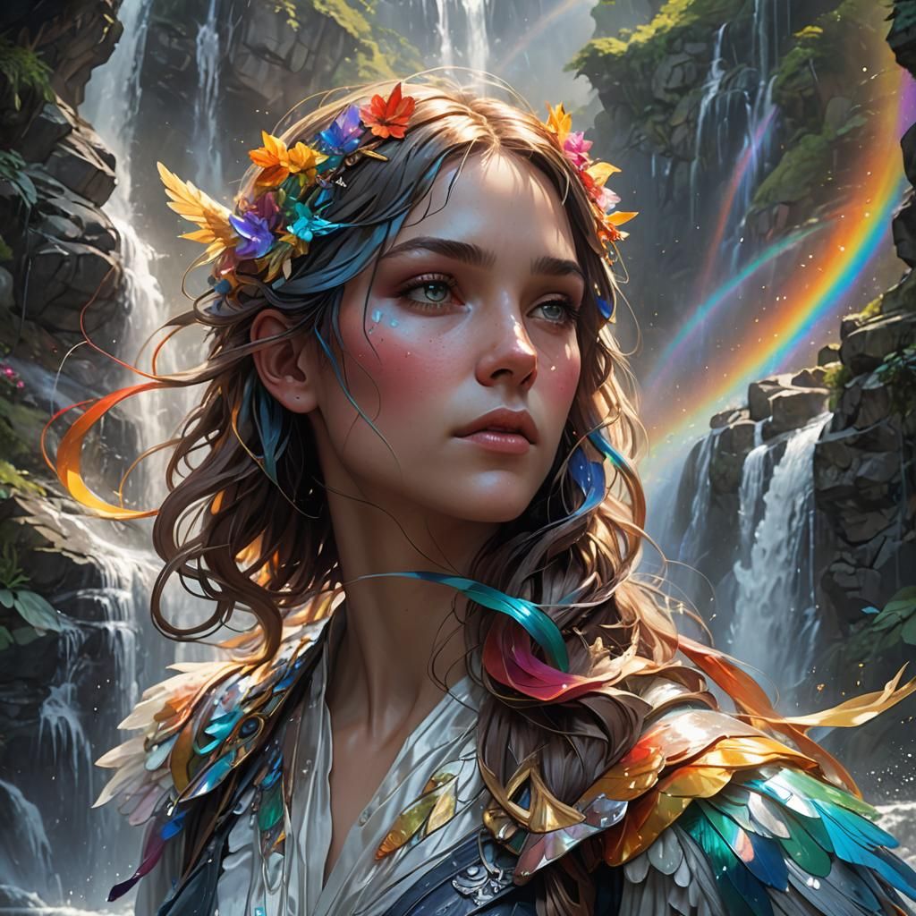 Angelic Waterfalls and Rainbows in Hyperdetailed Portrait