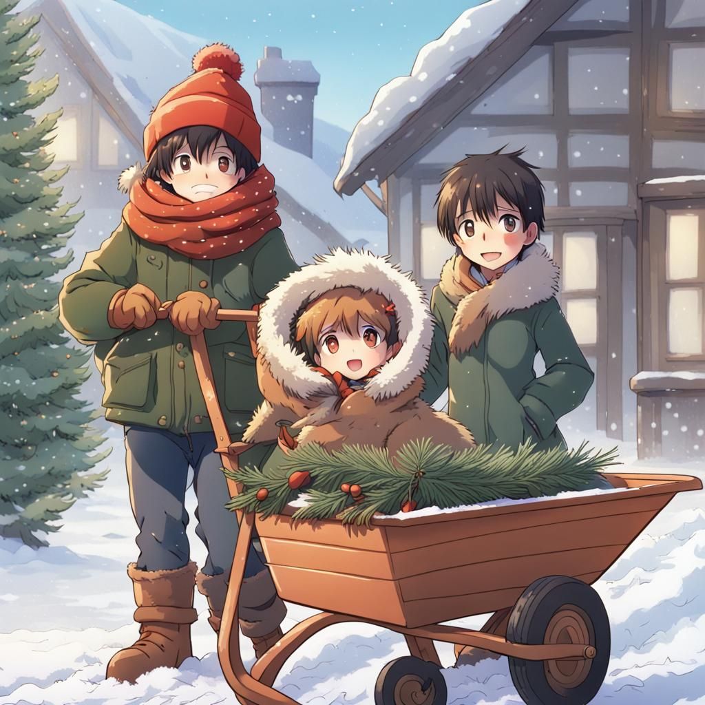 Anime Style Fir Tree in Wheelbarrow Scene