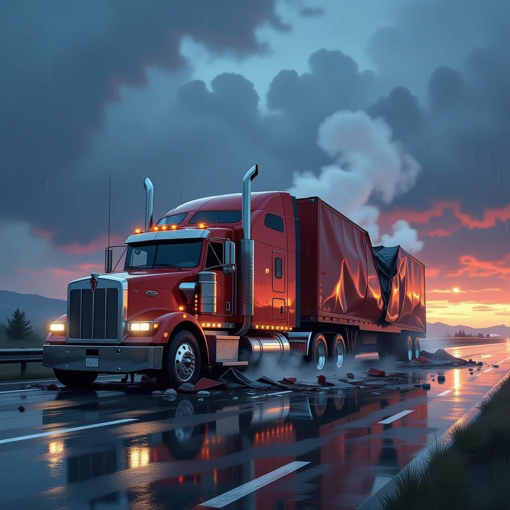 Semi-Truck Accident on Rainy Highway
