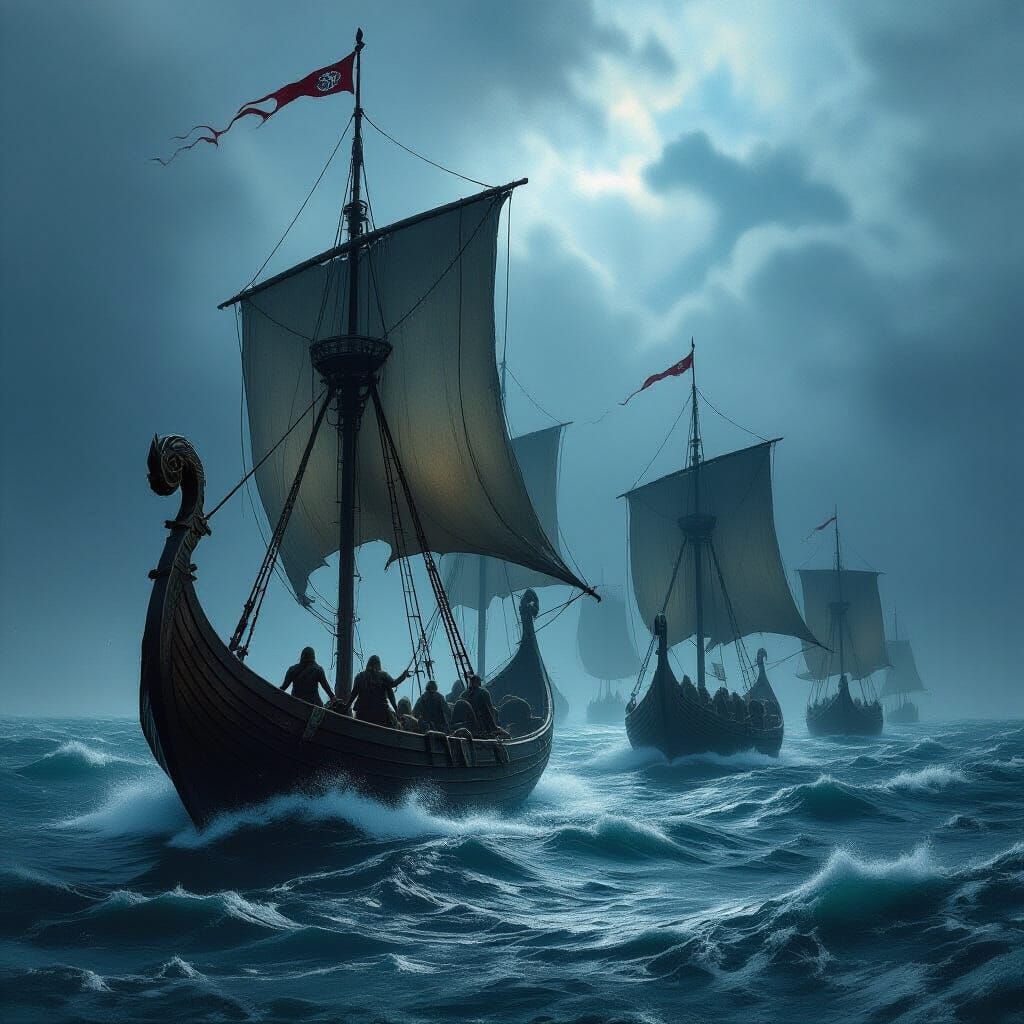 Viking Fleet Sails Stormy Seas in Epic Fantasy Style