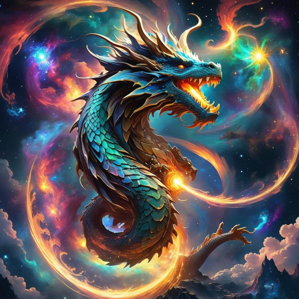 Cosmic Dragon Nebula in Art Nouveau Style