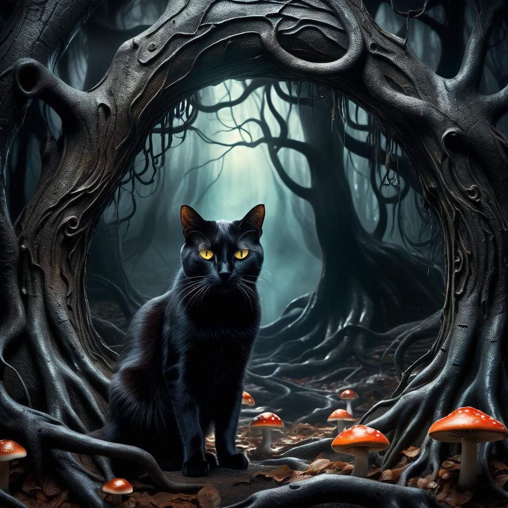 Mystical Black Cat in Surrealist Forest Art