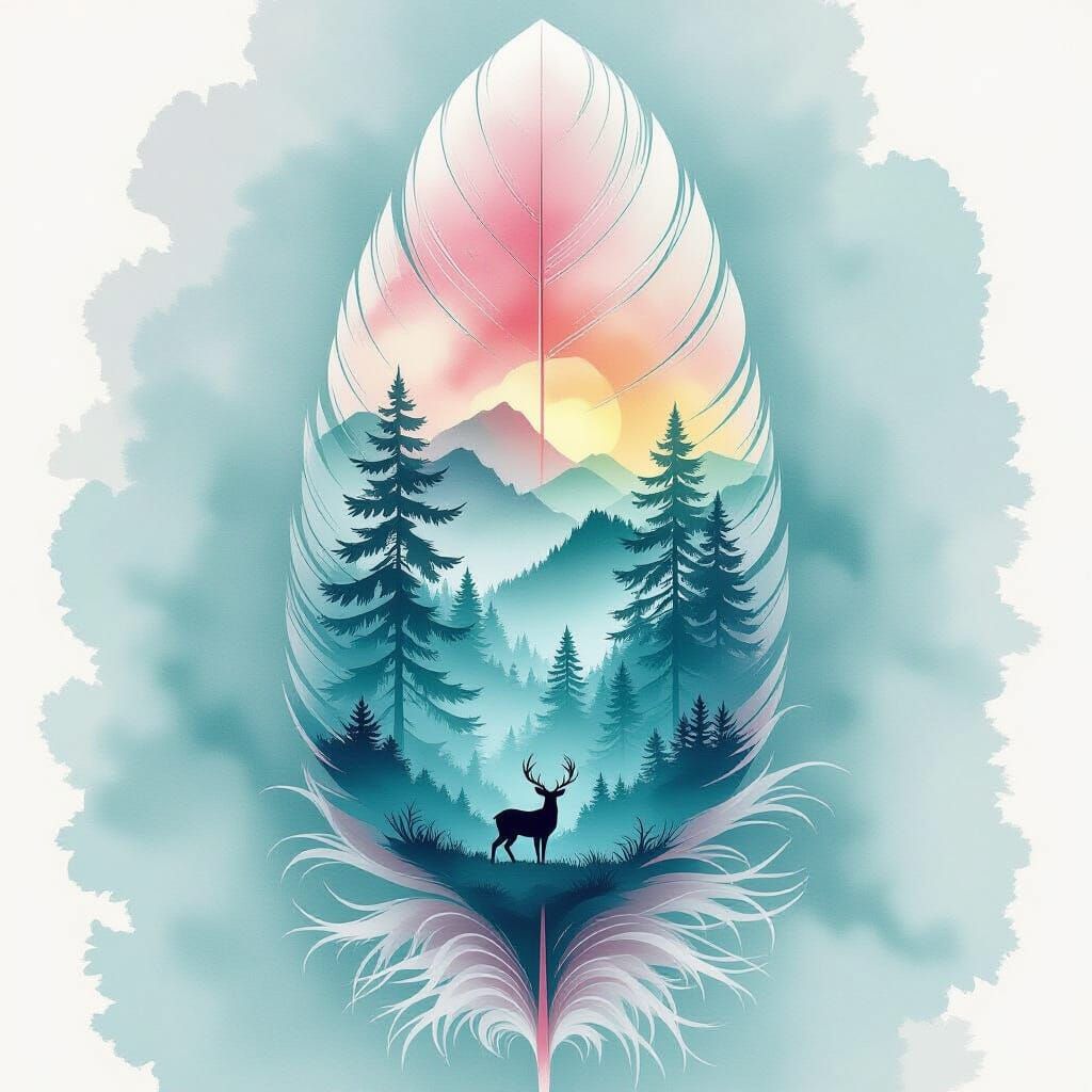 Watercolor Feather Landscape in Digital Art Style