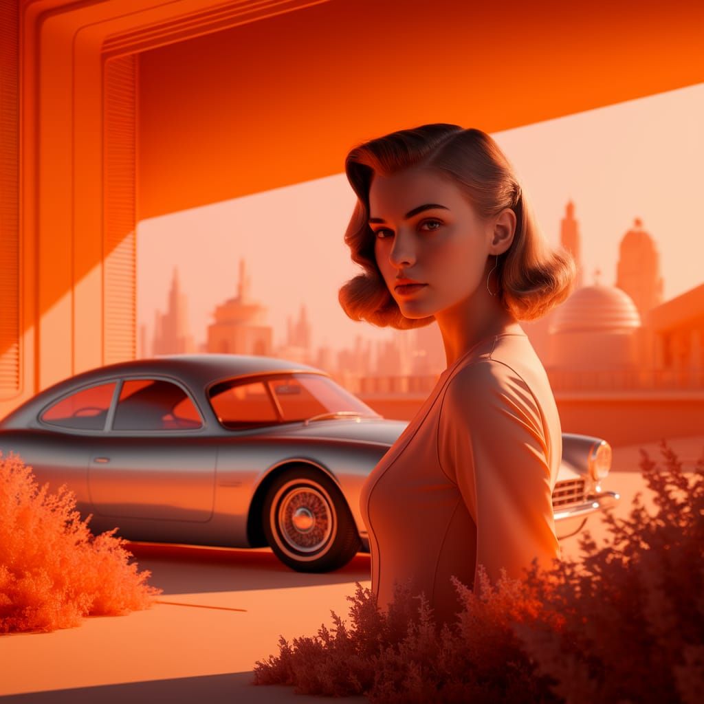 Retro Futurism Woman in Orange Utopian Cityscape