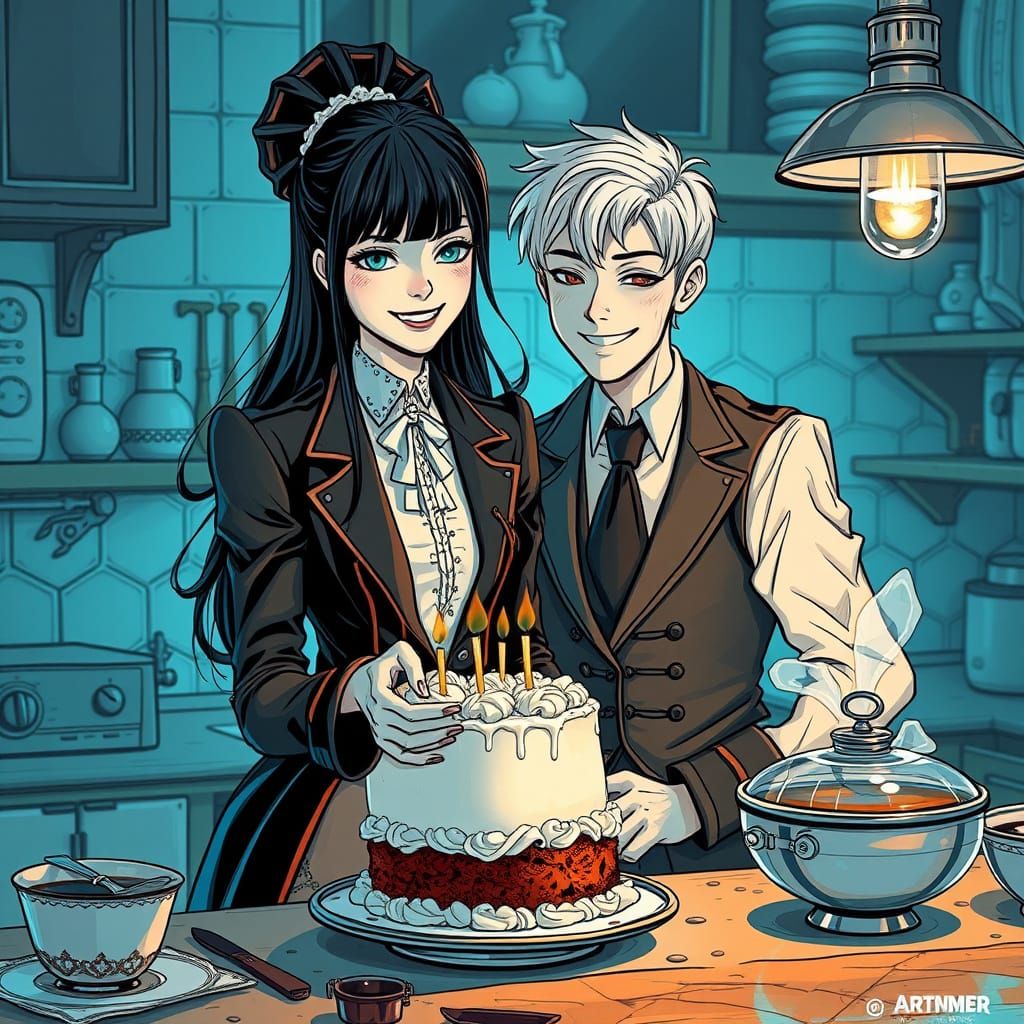 Gothic Sweethearts Bake Together in Black and White Ink Line...