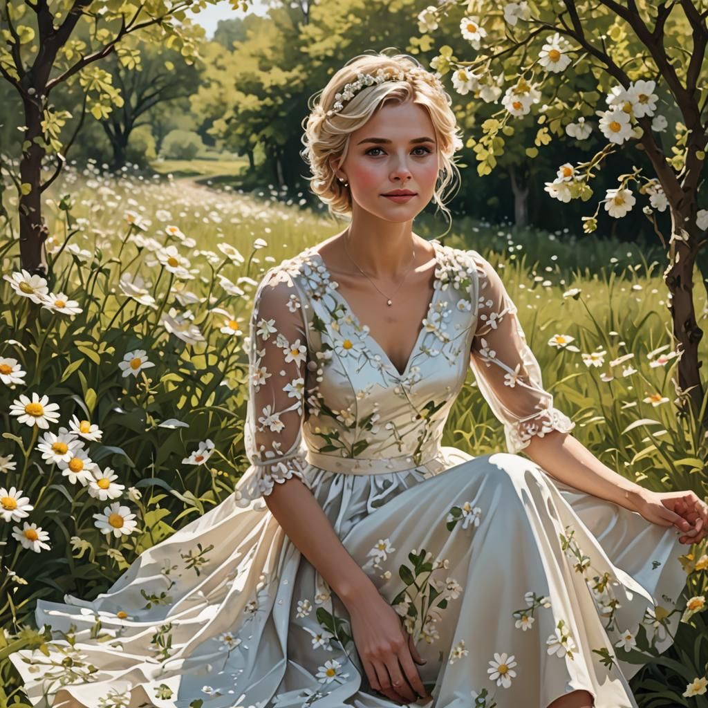 Woman in Spring Field with Daisies