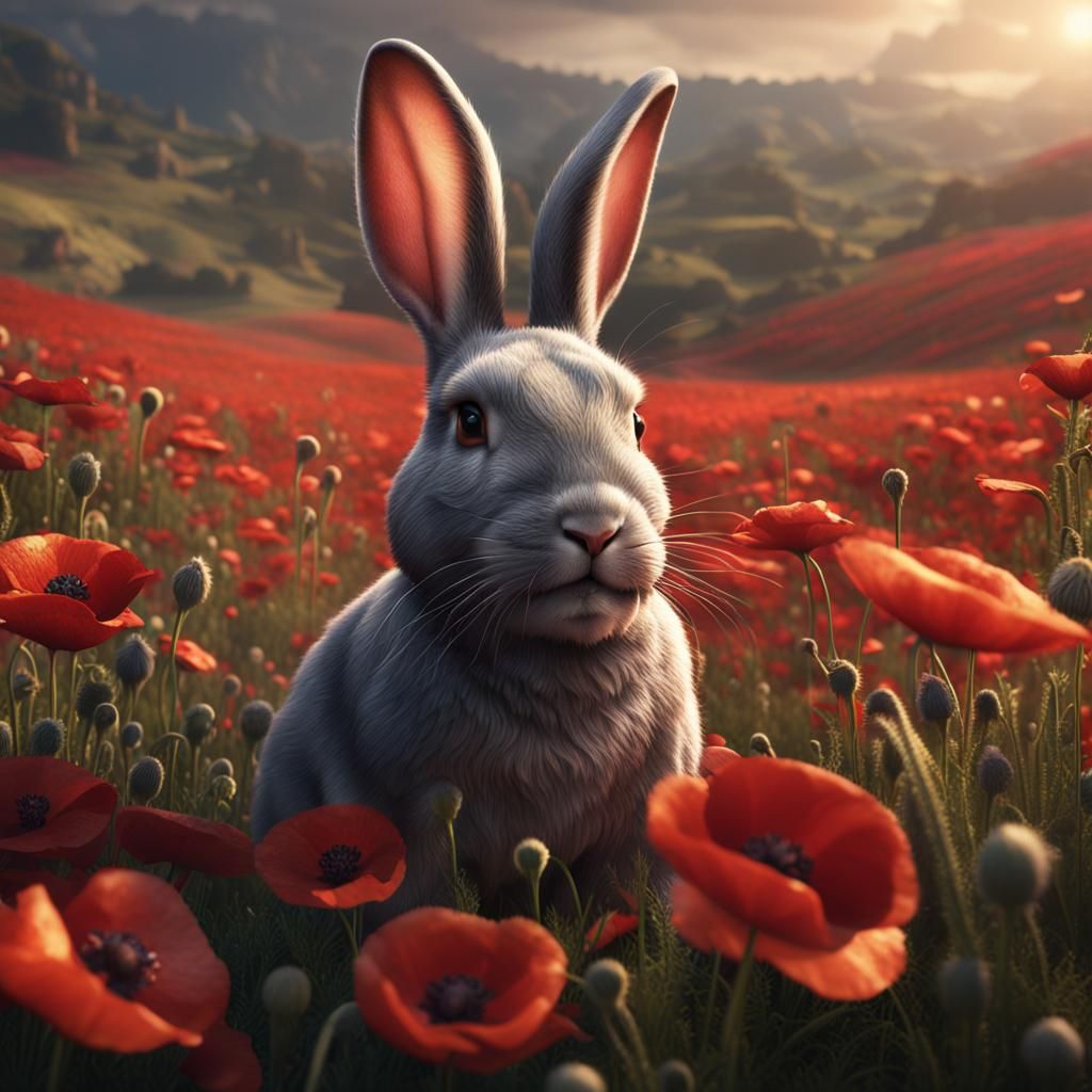 Rabbit in Poppy Field: Detailed Fantasy Art