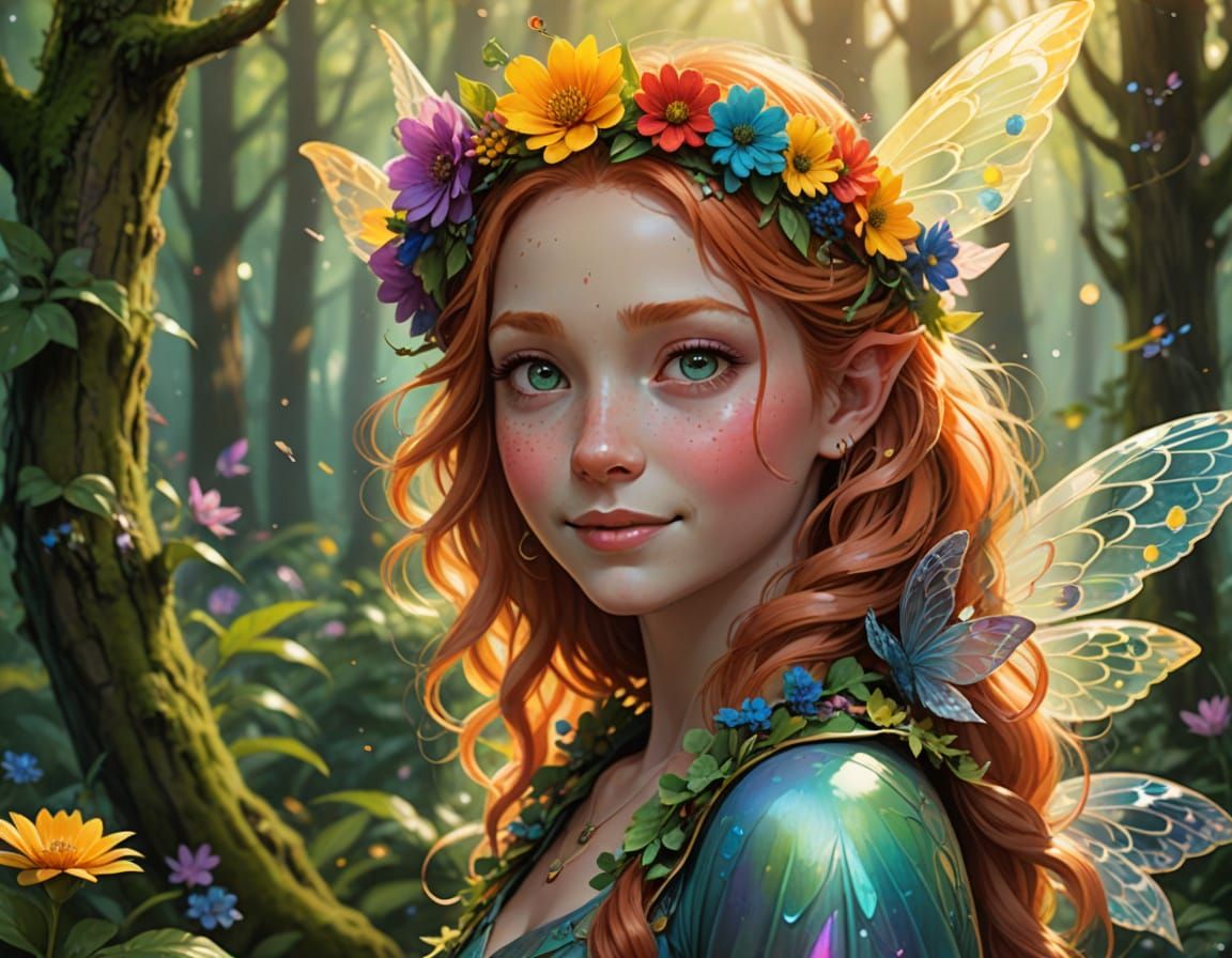 Ginger Spring Faerie With Rainbow Crown