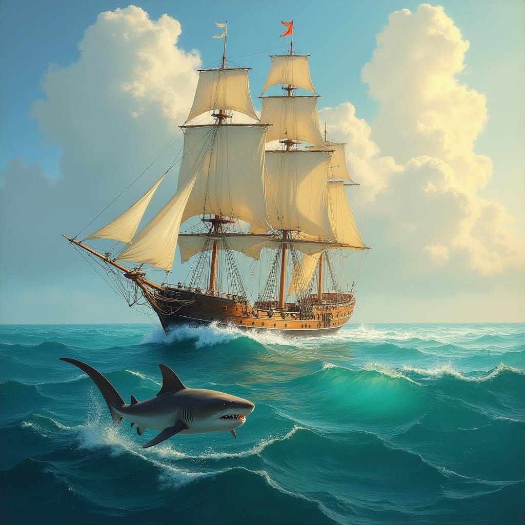 Majestic Sailing Ship Glides Across Turquoise Ocean with Sha...