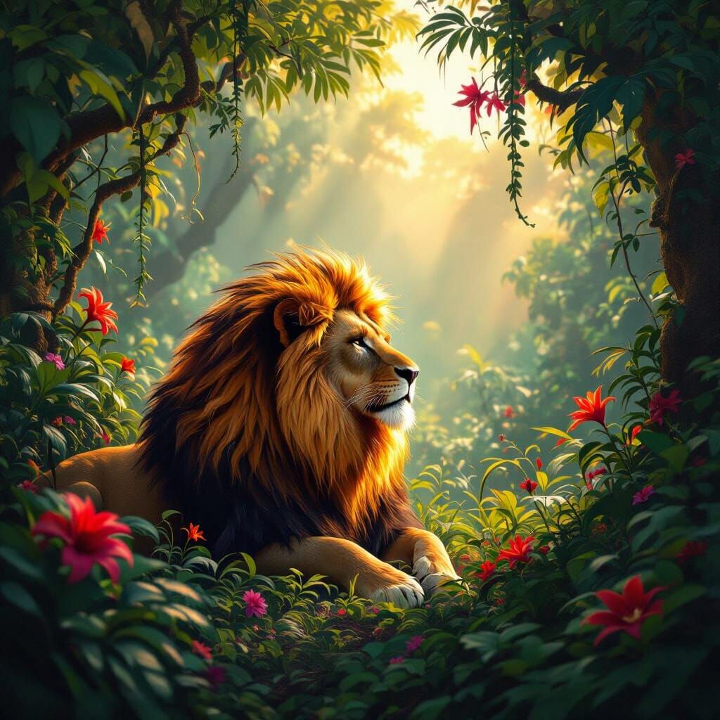 Lion with Fiery Mane in Lush Jungle Kingdom