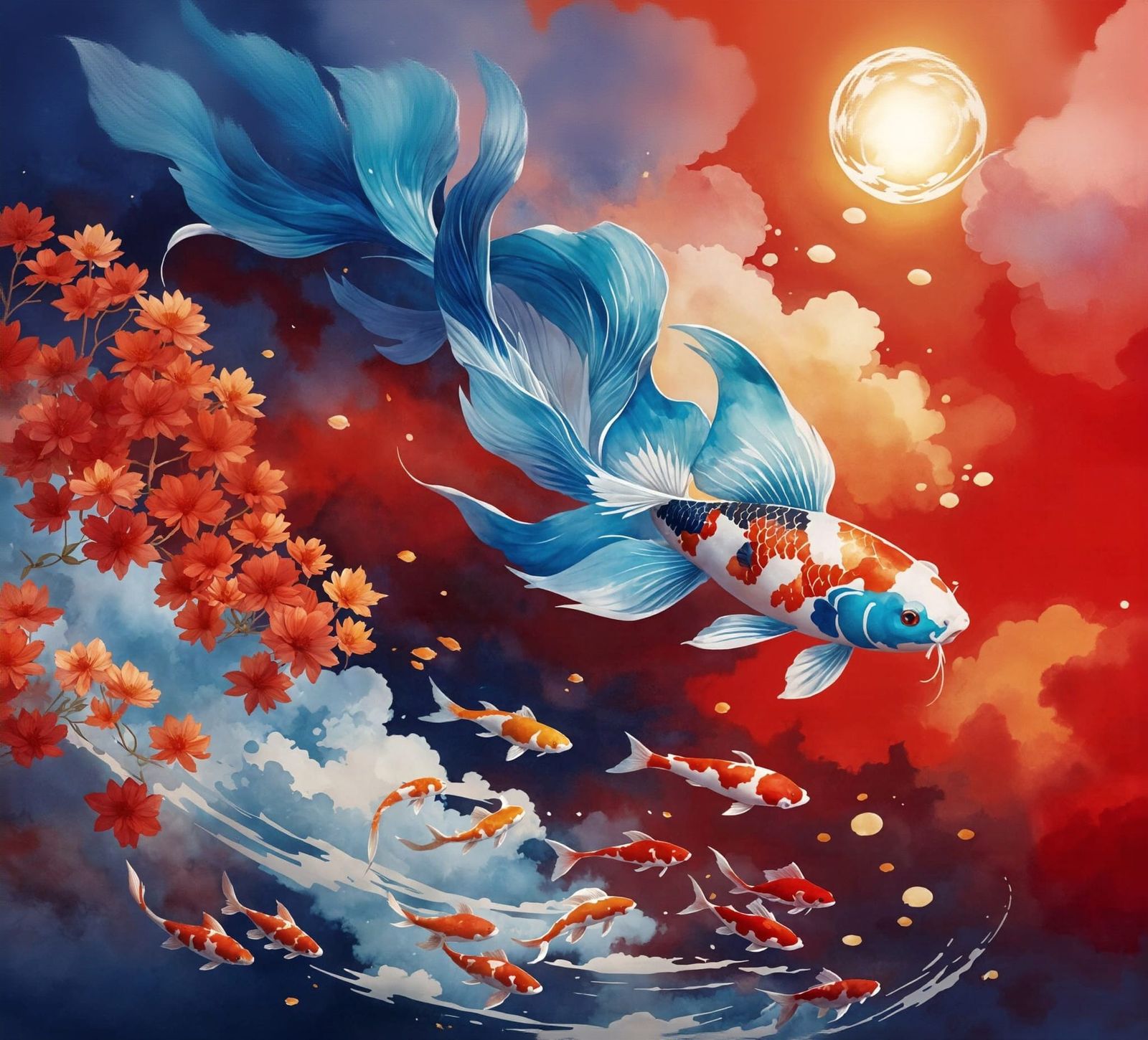 Koi Fish Swim Through Cloudy Skies in Golden Hour