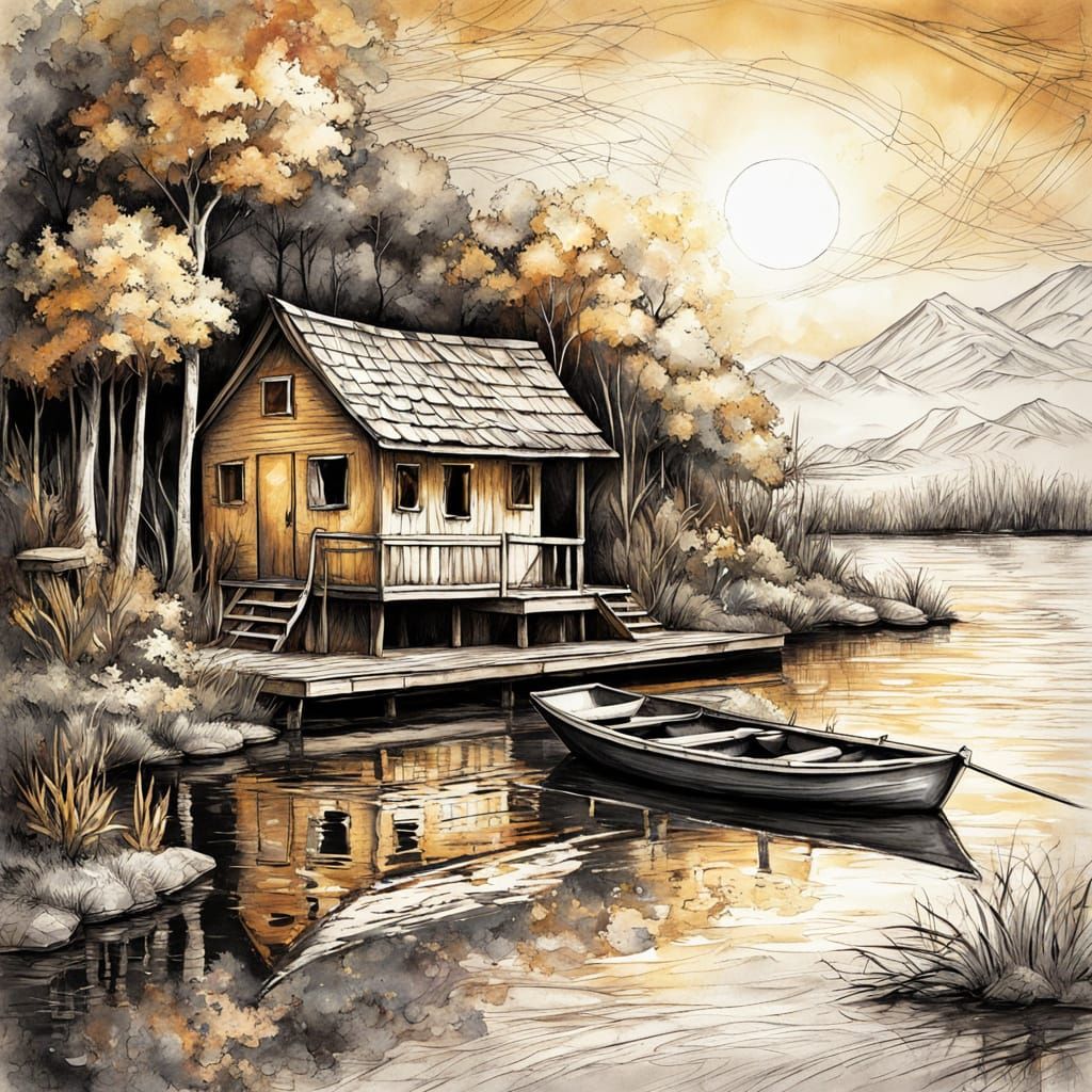 Lakeside Shack: Chiaroscuro Sketch with Golden Light