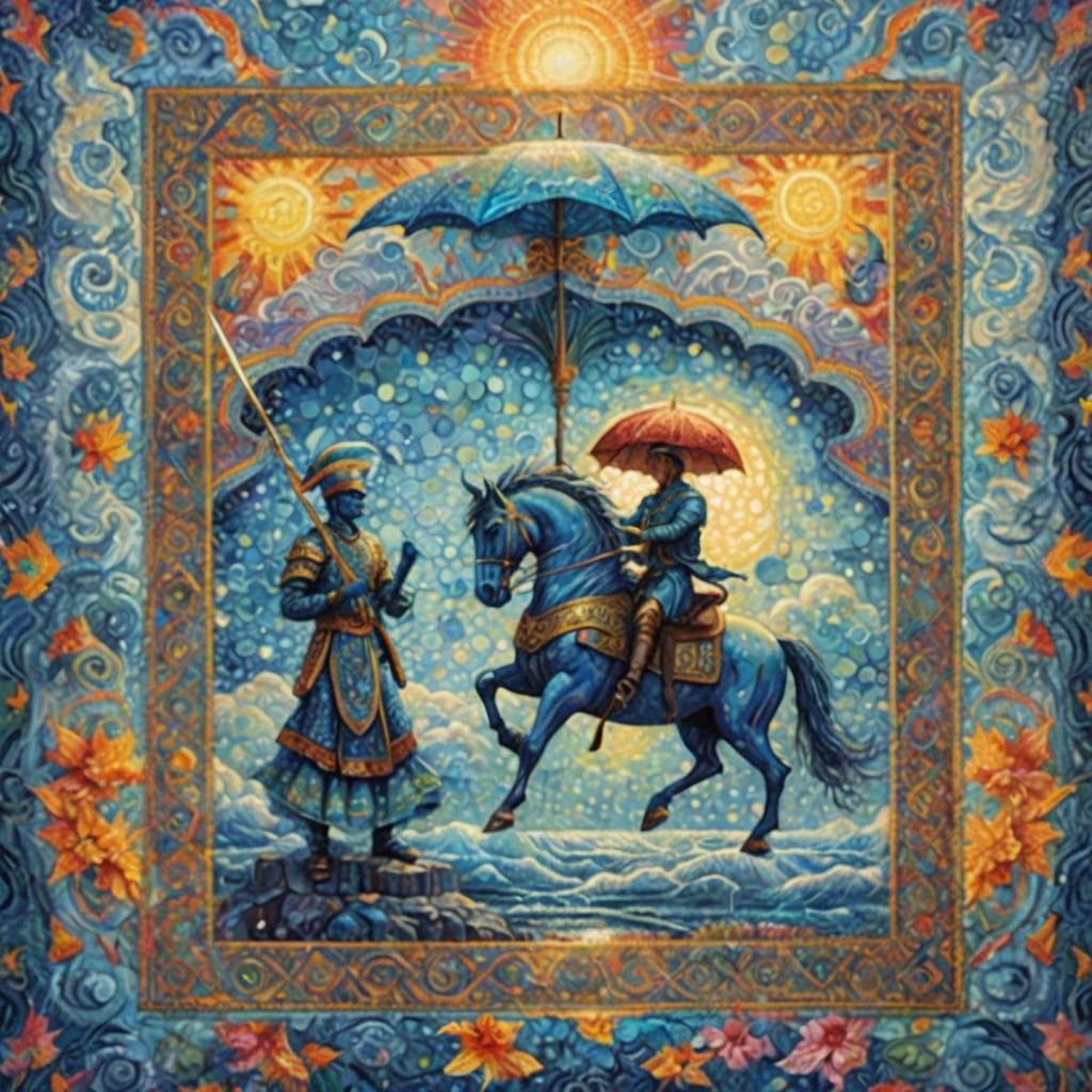 Blue-Skinned Man and Winged Horse in Surreal Art