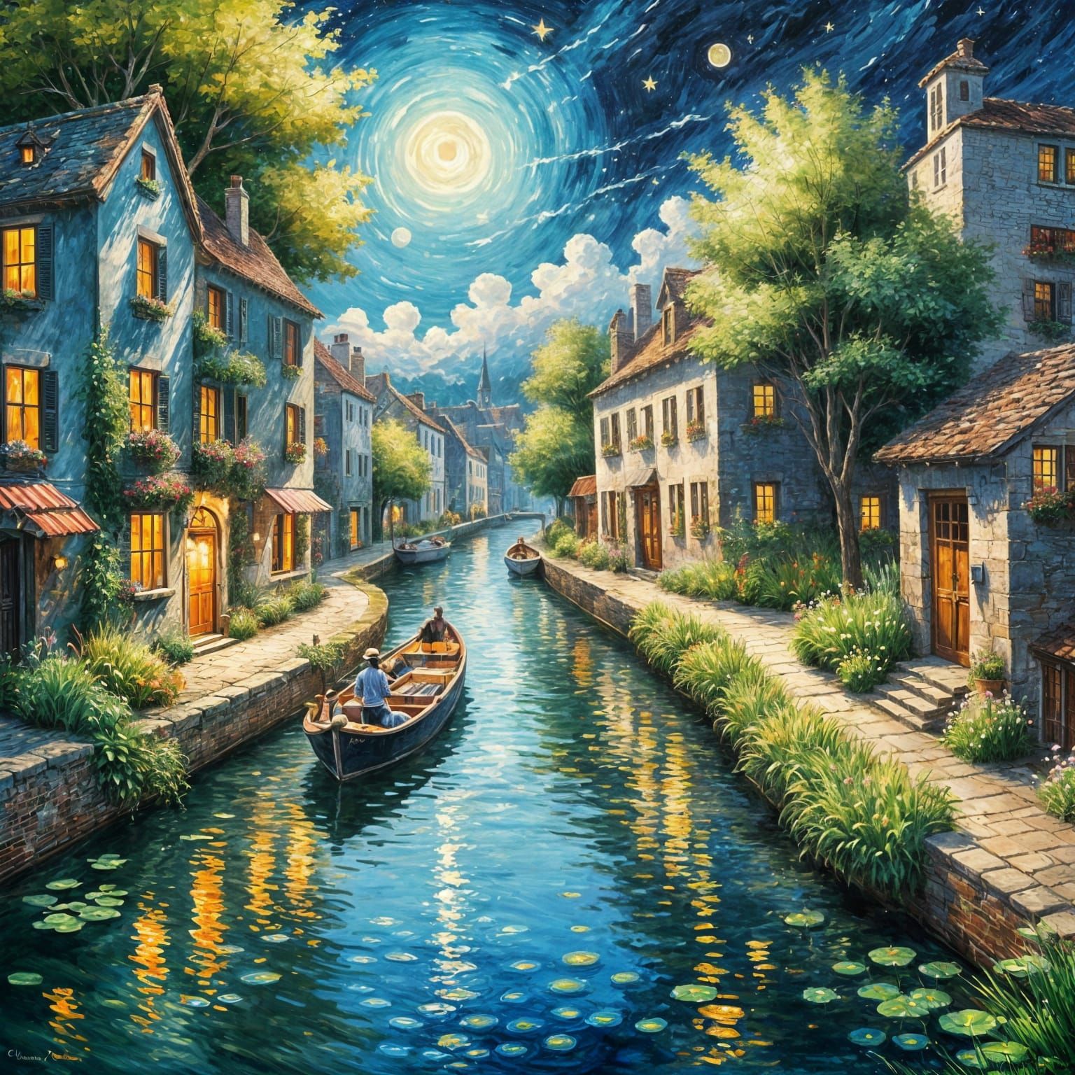 Night Canal Village: An Impressionistic Masterpiece