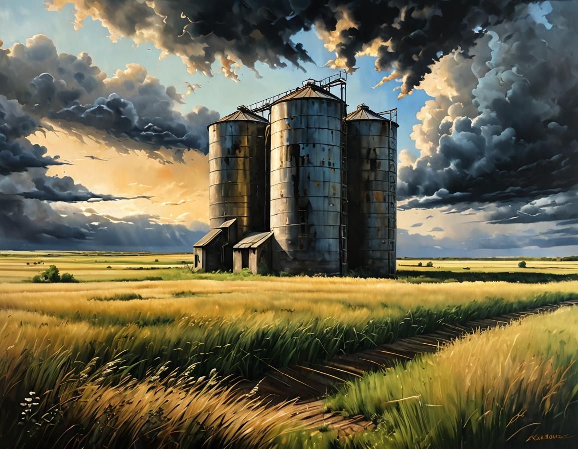 Prairie Grain Silo in Oil Painting Style