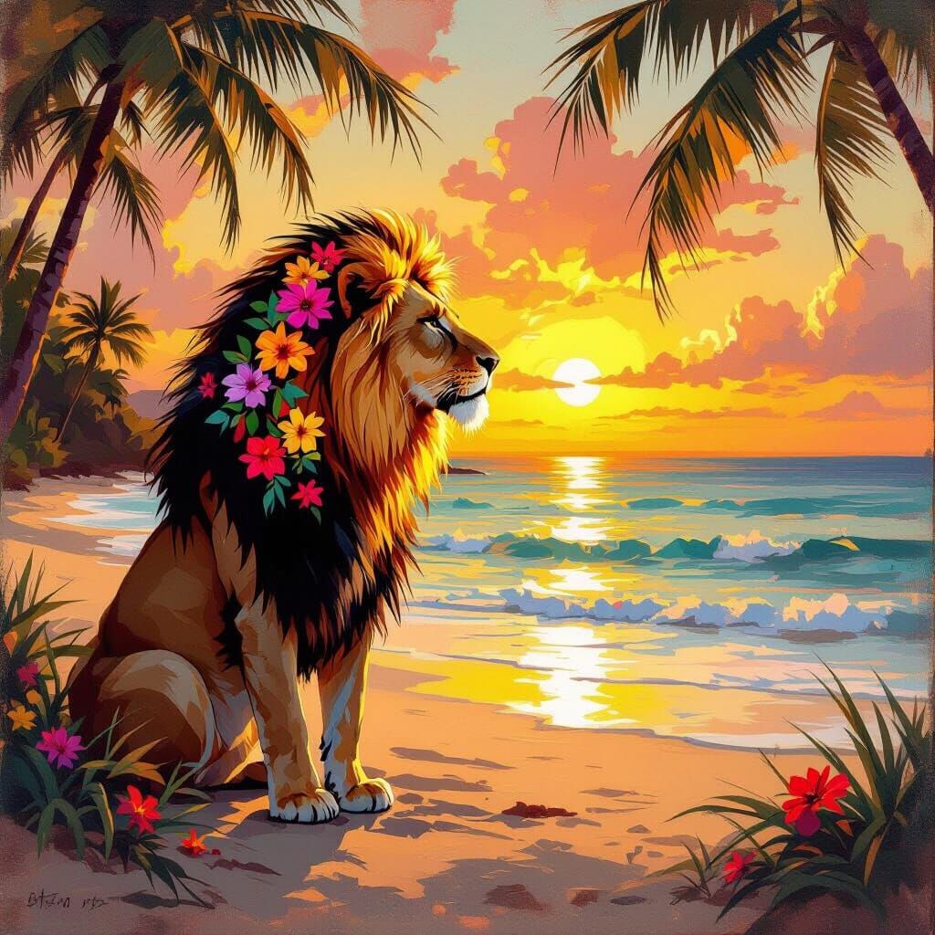 Lioness Queen on Beach at Sunset, Impressionist Style