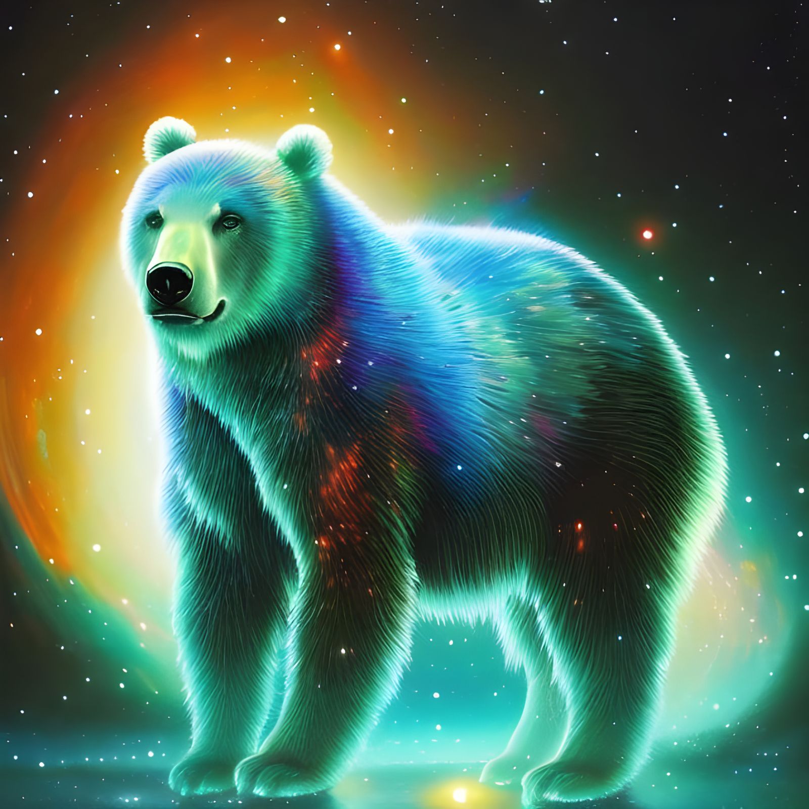 Bioluminescent Bear Ink Drawing in Synthwave Style