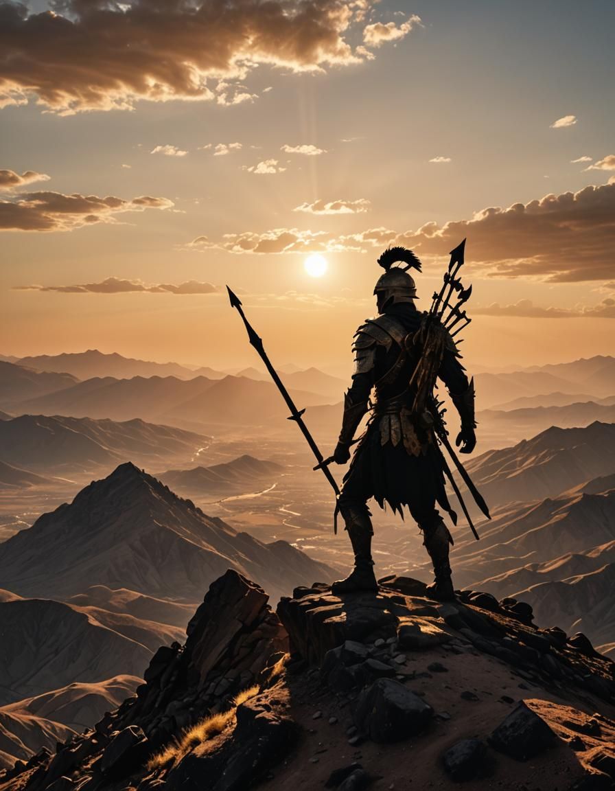 Warrior Silhouette on Mountain Peak at Sunset