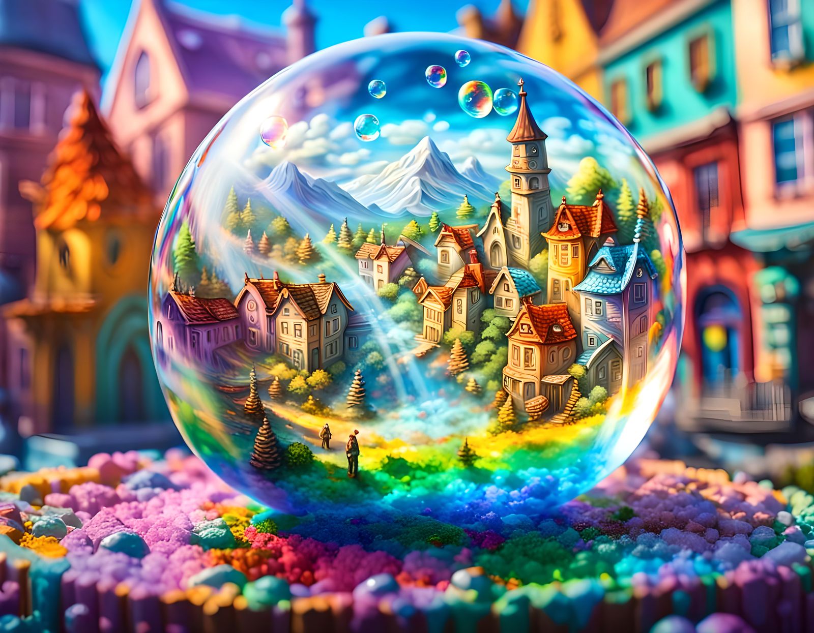 Fantasy World Inside Soap Bubble with Rainbow