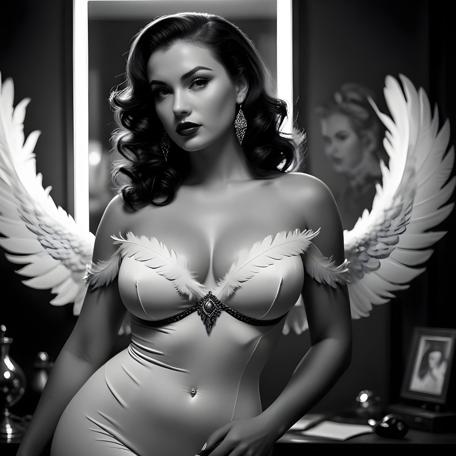 Sultry Pinup Goddess with White Feather in Moody Film Noir S...