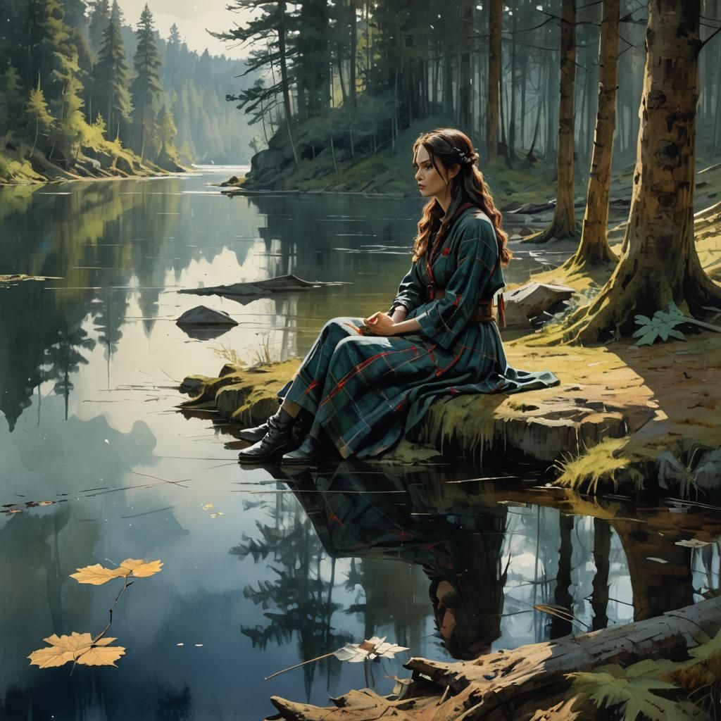 Girl in Tartan Dress: Digital Watercolor Illustration