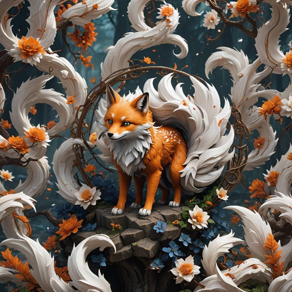 Nine-Tailed Fox with White Eyes, Detailed Matte Painting