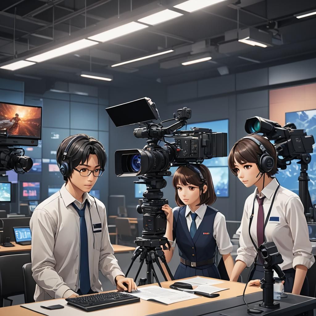TV Studio with Reporters in Anime Art Style