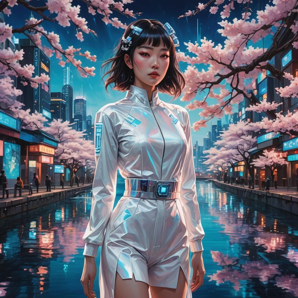 Futuristic Girl in Japanese City, Surrealist Astral Art