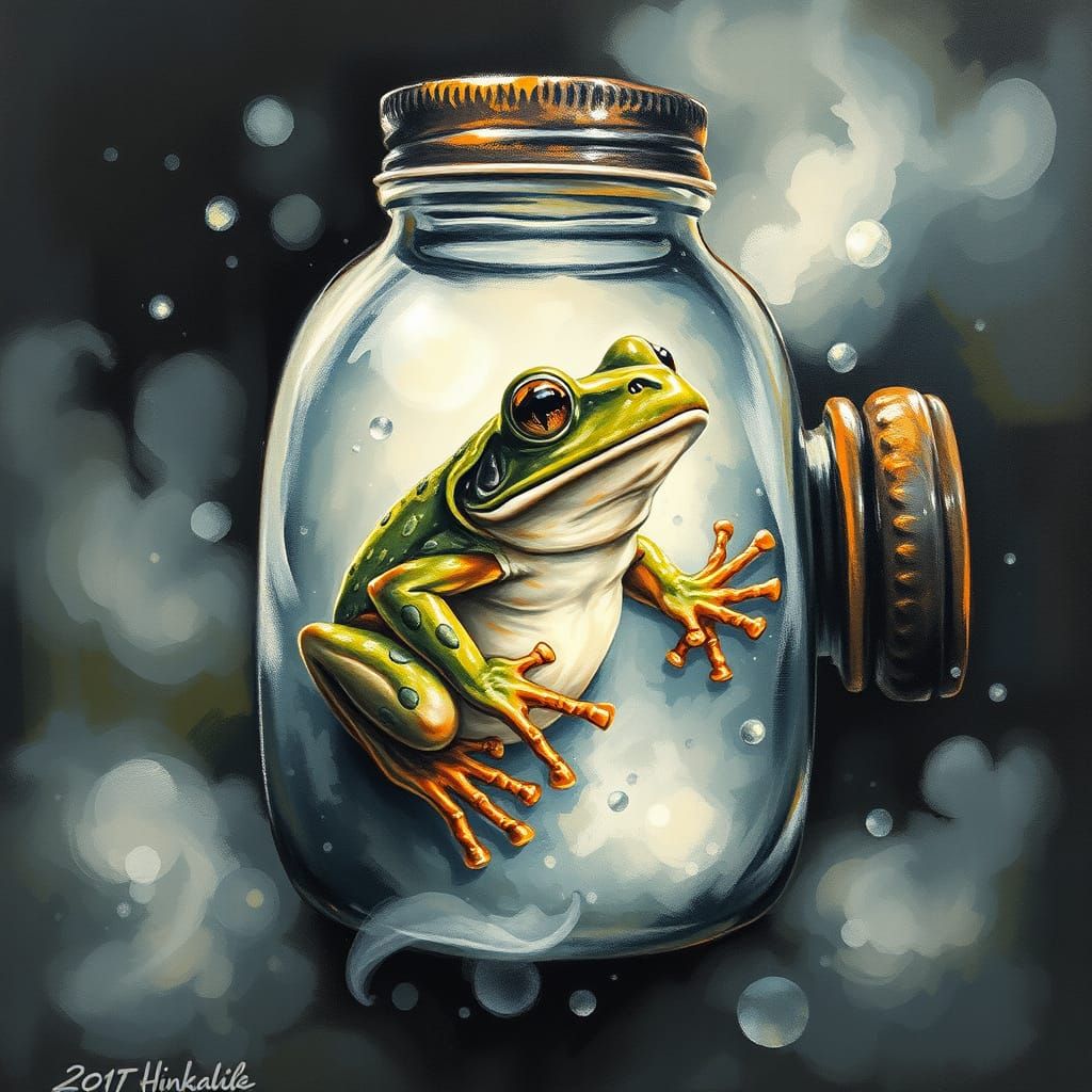 Frog in a Bottle: Hyperdetailed Charcoal and Gouache Art