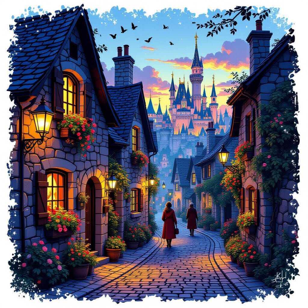 Cozy Cobblestone Alley at Dusk in Astral Cosmic Style