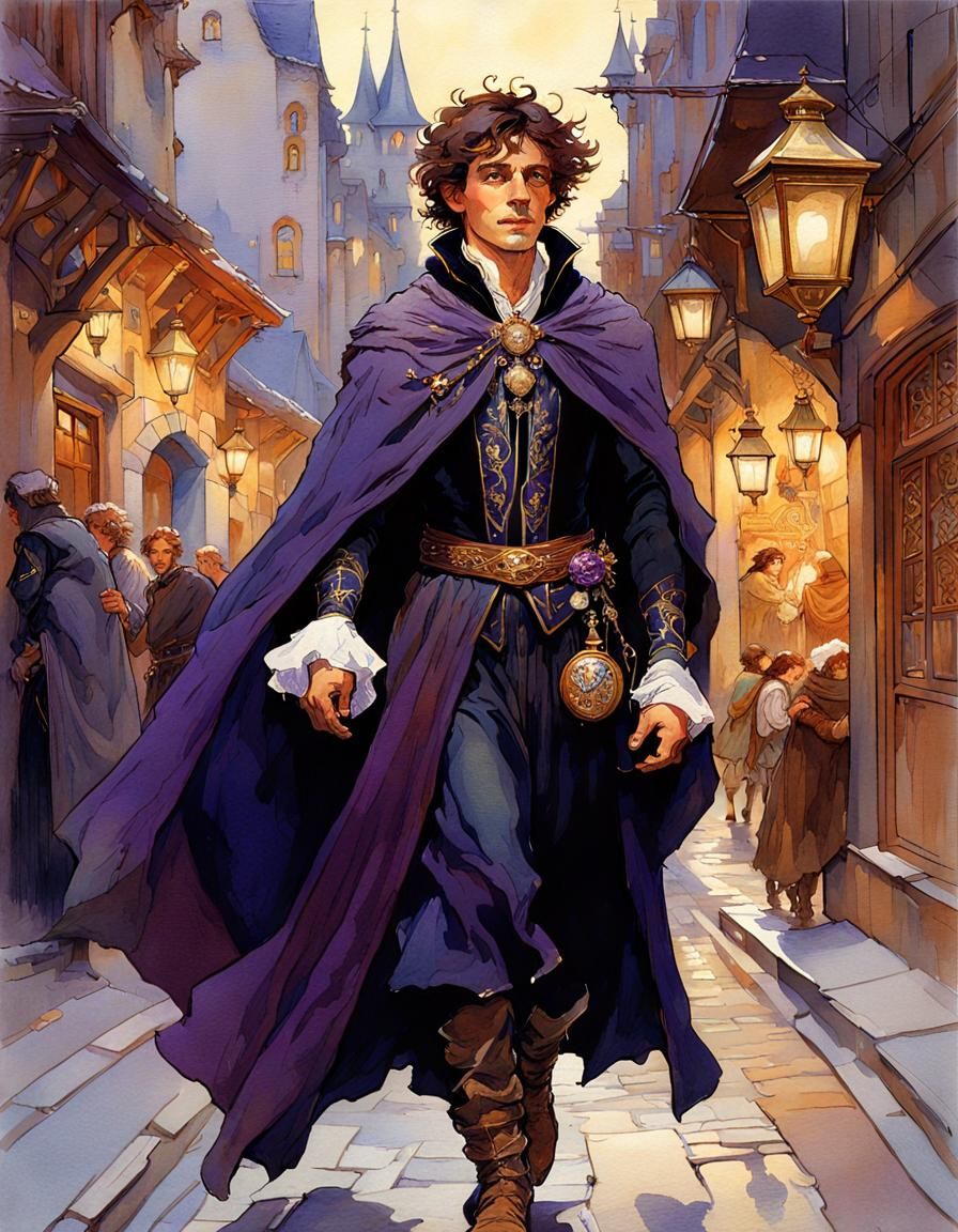 Elf Sorcerer in Medieval Street, Art Nouveau Style