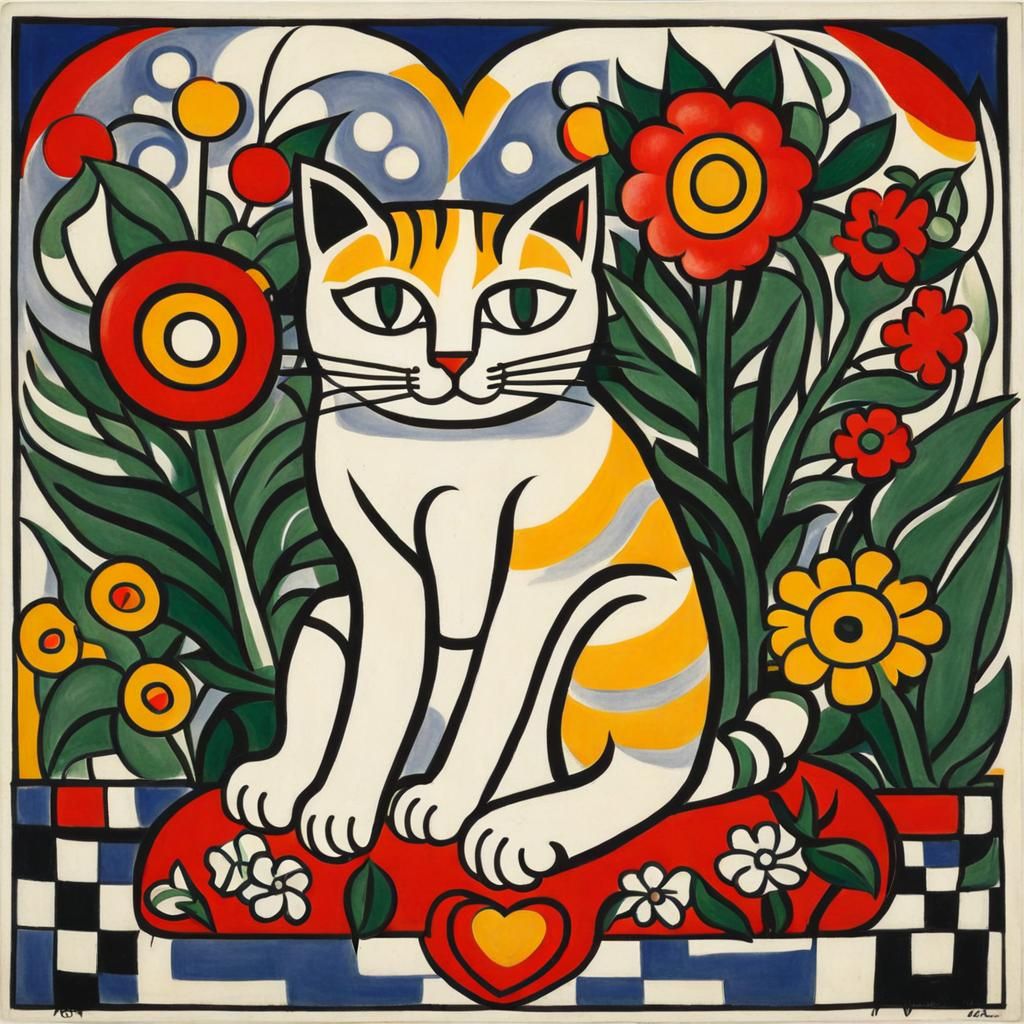 Cat on Pillow in Flowers, Modernist Style
