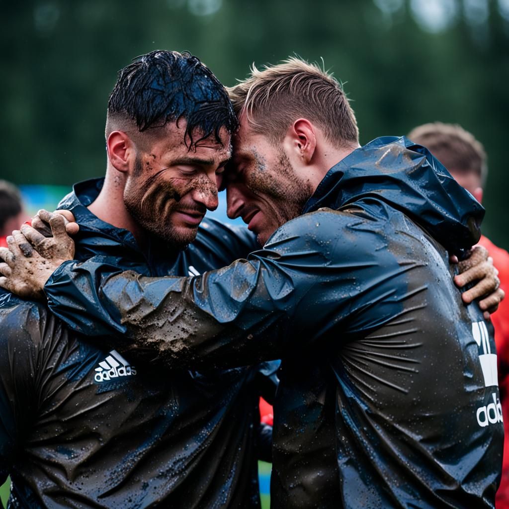 Rugby Players Celebrate with a Kiss