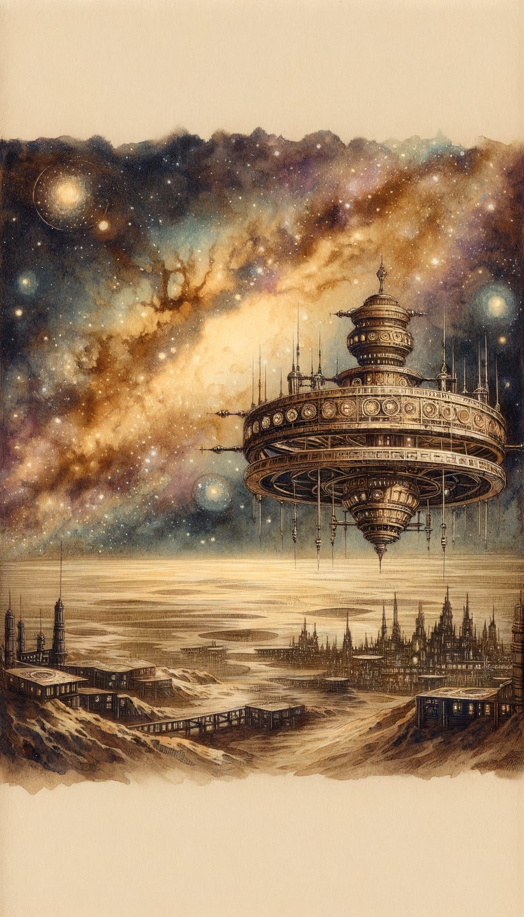 Ancient Space Station in Victorian Fantasy Illustration