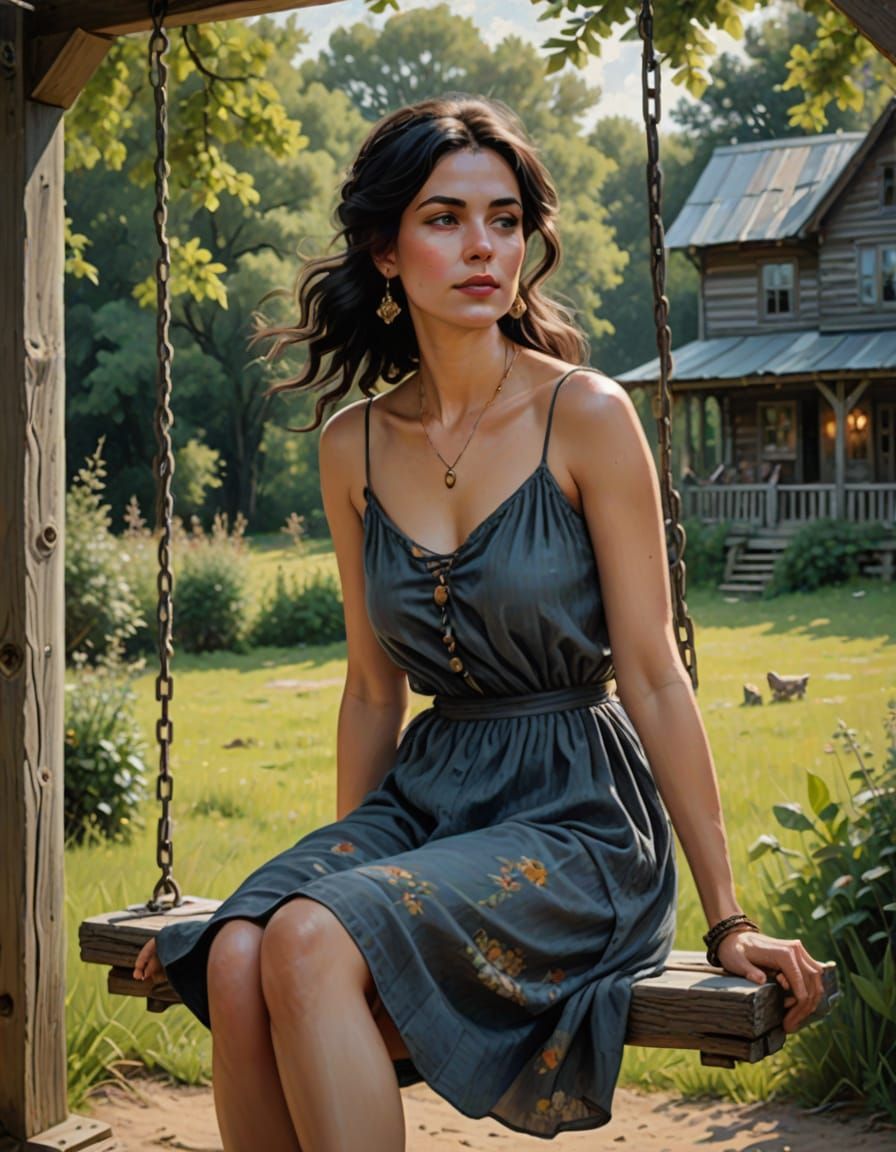 Woman on Swing in 19th Century Farmhouse Oil Painting Style