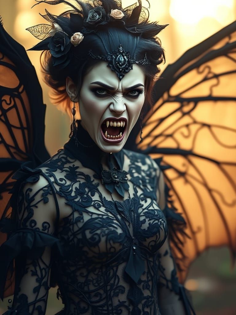 Aggressive Vampire Woman with Bared Fangs