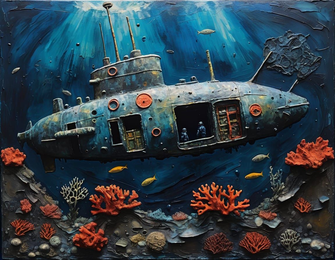 Expressionist Submarine on Ocean Floor, Impasto Painting