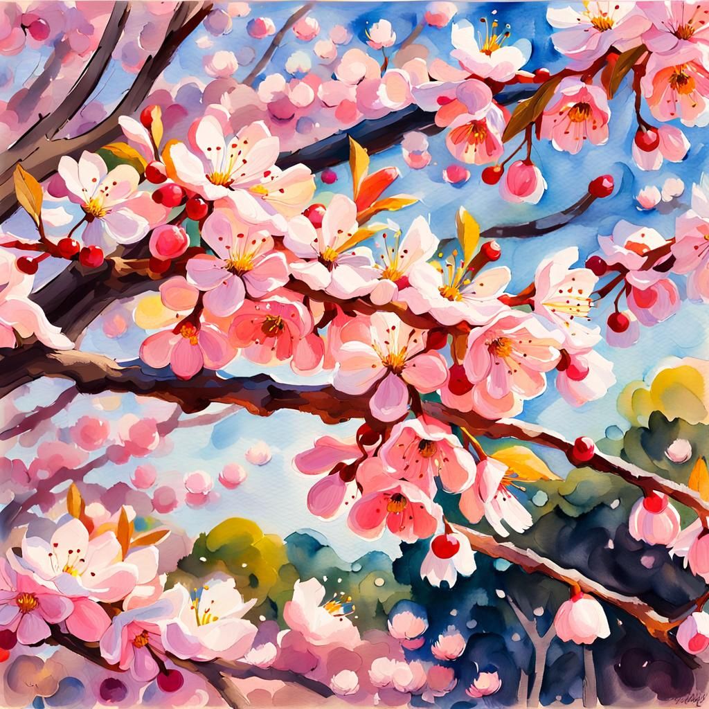 Cherry Blossoms in Gouache Watercolor Impressionism