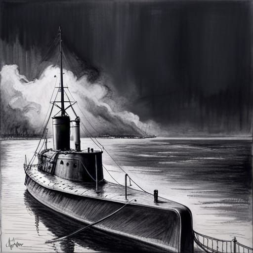 Jules Verne Style Submarine Charcoal Drawing