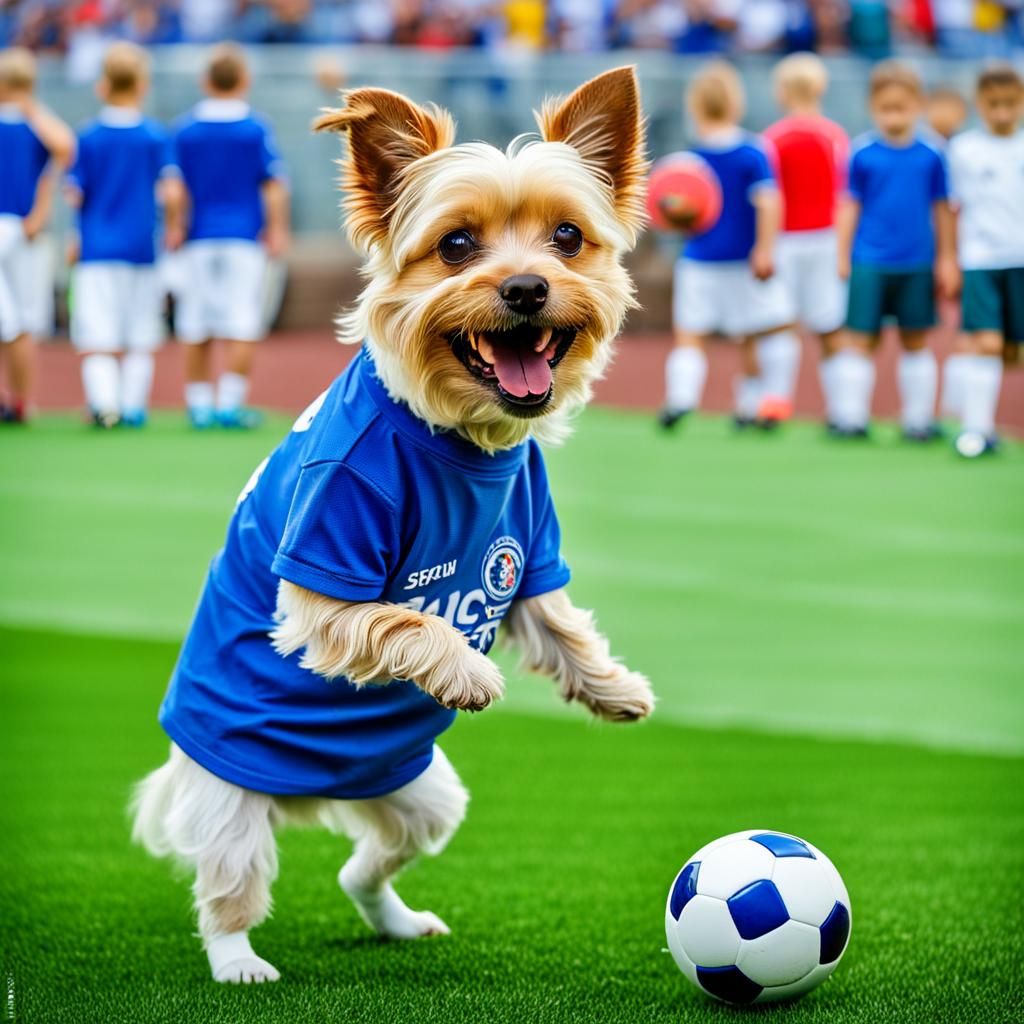 Yorkshire Terrier Soccer Fan in Stadium, Professional Photog...