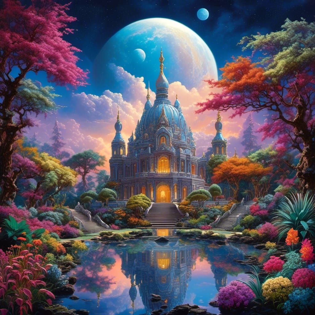 Shimmering Moonstone Temple Amidst Colorful Plants