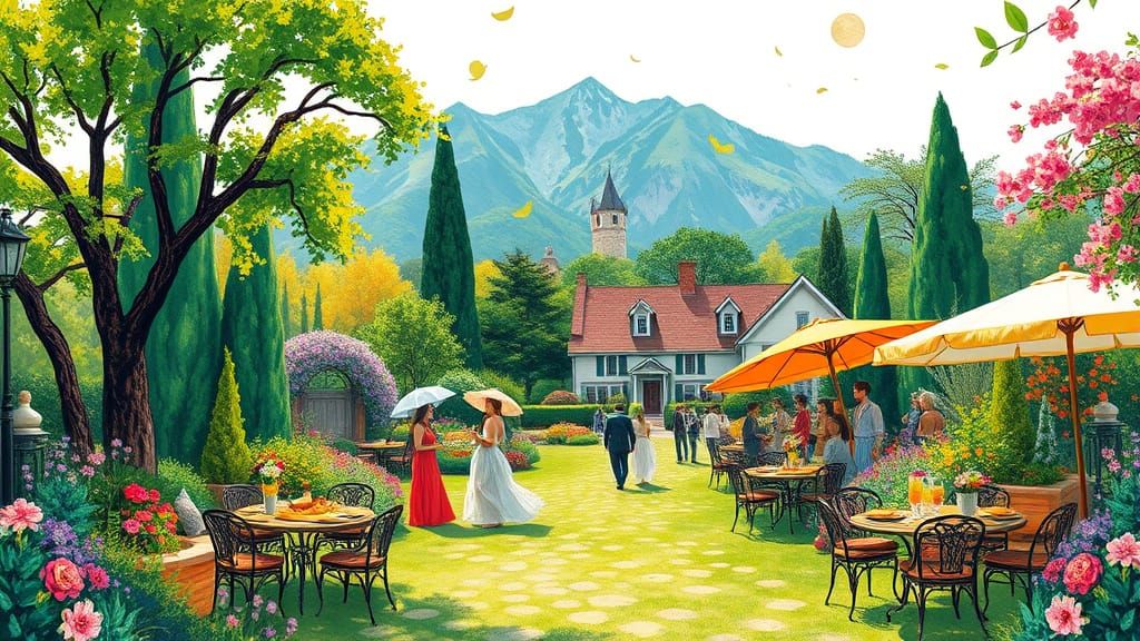 Spring Garden Party in Whimsical, Post-Impressionist Style