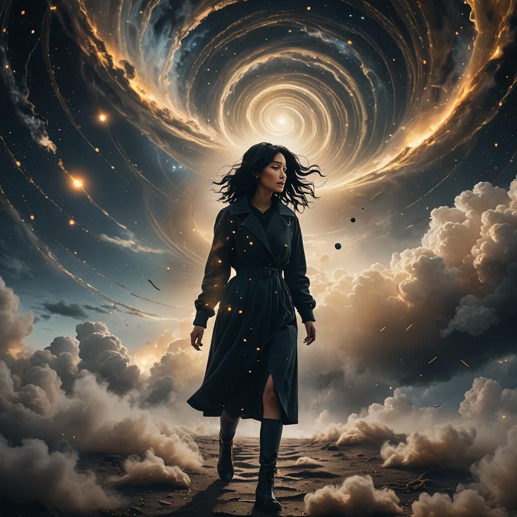 Woman Walks Cosmic Path in Dark Romanticism