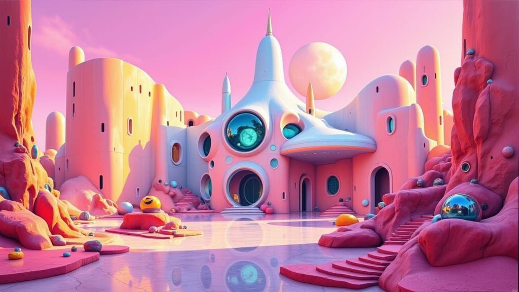 Retro-Futuristic Fortress on Alien Desert Planet
