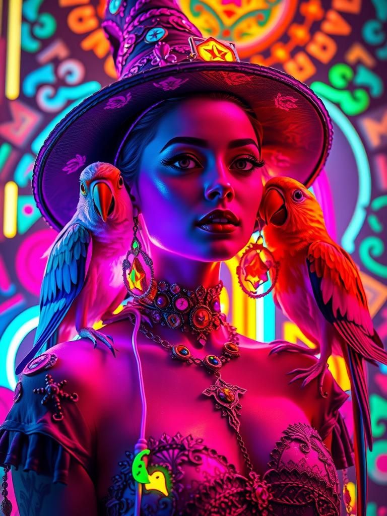 Luminescent Witch Goddess with Neon Parrots