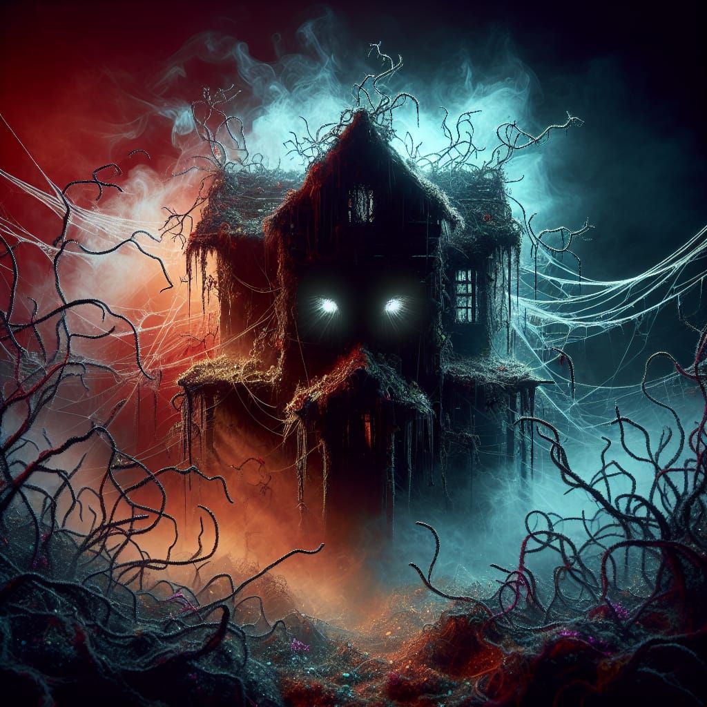 Spooky Fog-Shrouded House with Glowing Eyes