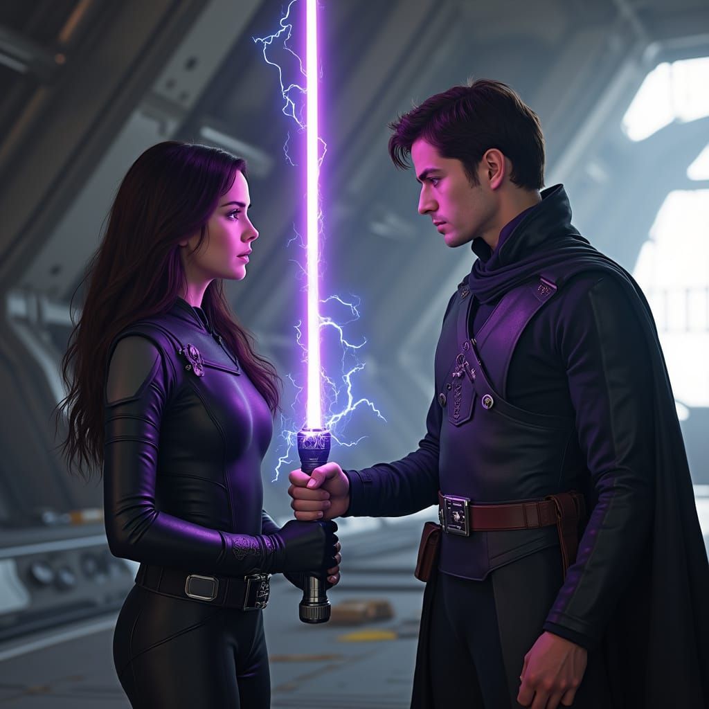 Epic Lightsaber Duel in Futuristic Hangar