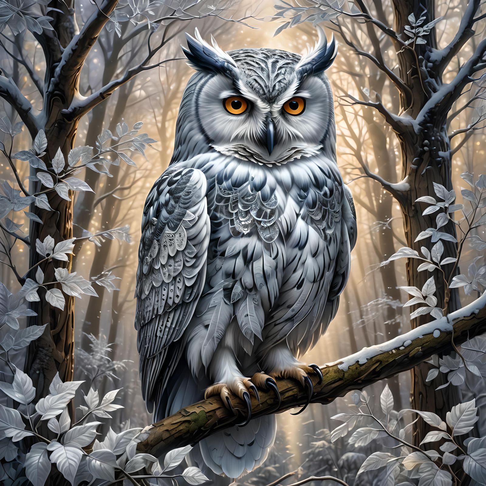 Enchanting Owl in Crystalline Forest: Digital Watercolor