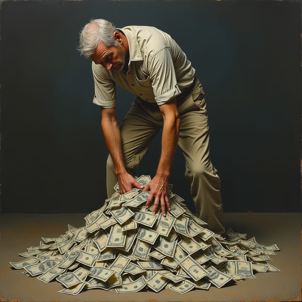 Man Dragging Money: Expressionist Art in Grayscale